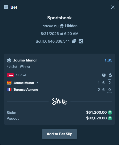 Bet slip: Jaume Munar - Terence Atmane, $61,200.00 stake at 1.35 odds, placed by Hidden