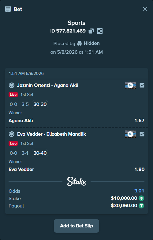 Bet slip: Jazmin Ortenzi - Ayana Akli, $10,000.00 stake at 1.67 odds, placed by Hidden