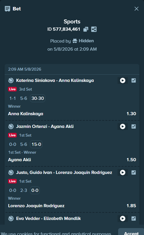 Bet slip: Jazmin Ortenzi - Ayana Akli, $10,000.00 stake at 1.50 odds, placed by Hidden