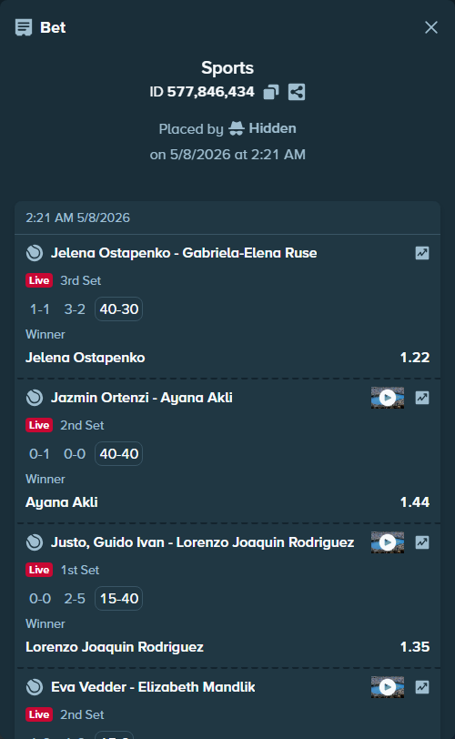 Bet slip: Jazmin Ortenzi - Ayana Akli, $10,000.00 stake at 1.44 odds, placed by Hidden