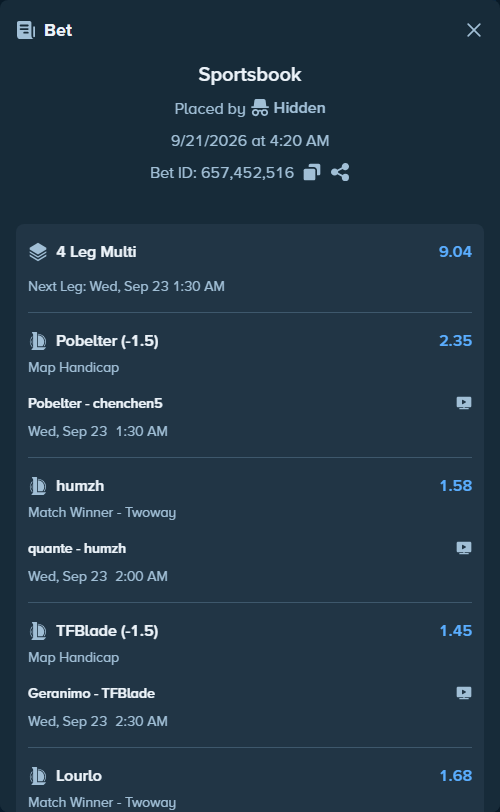 Bet slip: JbearLOL - Lourlo, $20,000.00 stake at 1.68 odds, placed by Hidden