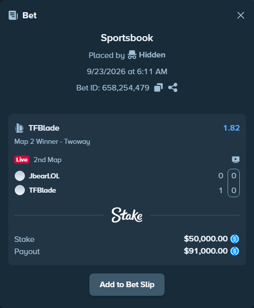 Bet slip: JbearLOL - TFBlade, $50,000.00 stake at 1.82 odds, placed by Hidden