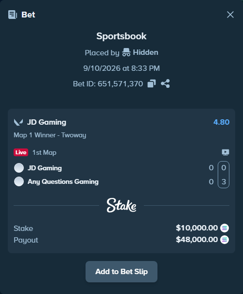 Bet slip: JD Gaming - Any Questions Gaming, $9,976.80 stake at 4.80 odds, placed by Hidden