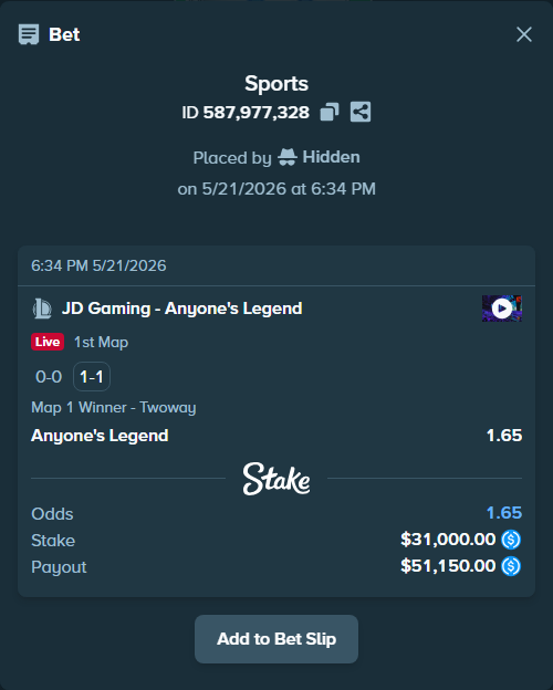 Bet slip: JD Gaming - Anyone's Legend, $31,000.00 stake at 1.65 odds, placed by Hidden