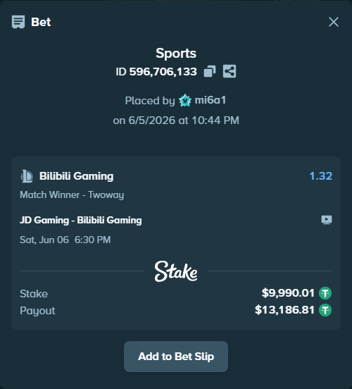 Bet slip: JD Gaming - Bilibili Gaming, $10,000.00 stake at 1.32 odds, placed by mi6a1