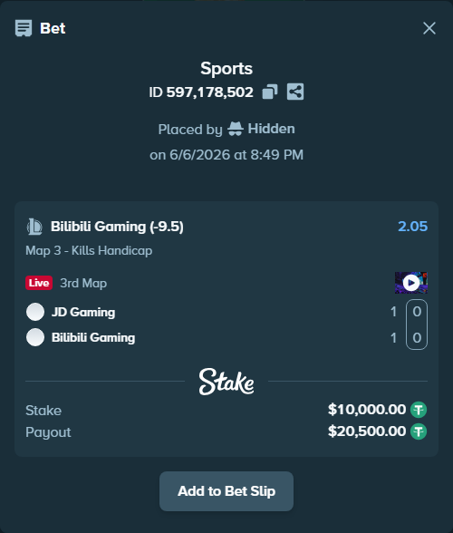 Bet slip: JD Gaming - Bilibili Gaming, $10,000.00 stake at 2.05 odds, placed by Hidden