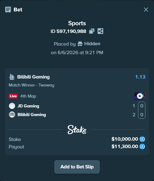 Bet slip: JD Gaming - Bilibili Gaming, $10,000.00 stake at 1.13 odds, placed by Hidden
