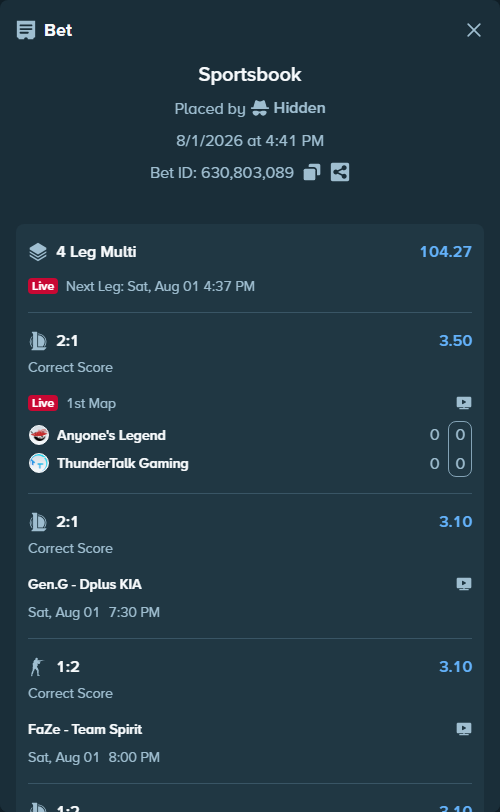 Bet slip: JD Gaming - Bilibili Gaming, $10,000.00 stake at 3.10 odds, placed by Hidden