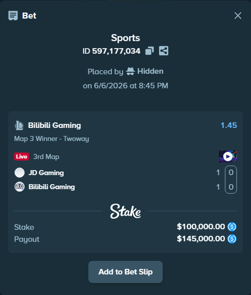 Bet slip: JD Gaming - Bilibili Gaming, $100,000.00 stake at 1.45 odds, placed by Hidden