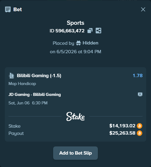 Bet slip: JD Gaming - Bilibili Gaming, $14,626.86 stake at 1.78 odds, placed by Hidden