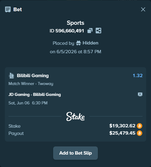 Bet slip: JD Gaming - Bilibili Gaming, $19,942.30 stake at 1.32 odds, placed by Hidden