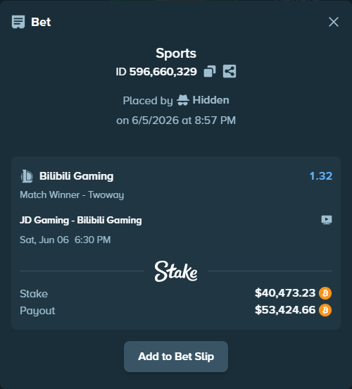 Bet slip: JD Gaming - Bilibili Gaming, $41,814.50 stake at 1.32 odds, placed by Hidden