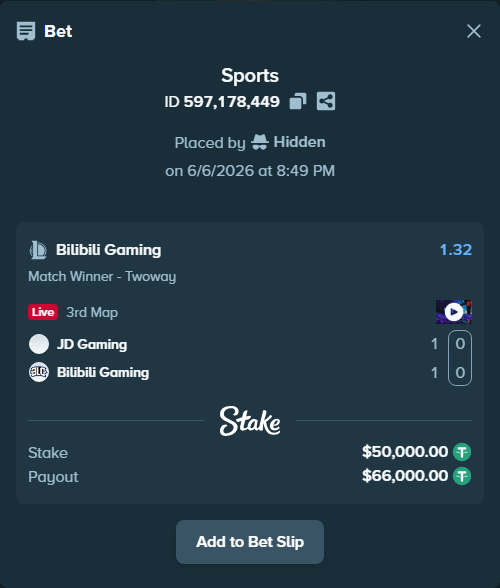Bet slip: JD Gaming - Bilibili Gaming, $50,000.00 stake at 1.32 odds, placed by Hidden