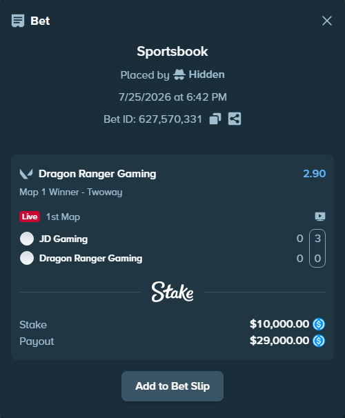 Bet slip: JD Gaming - Dragon Ranger Gaming, $10,000.00 stake at 2.90 odds, placed by Hidden