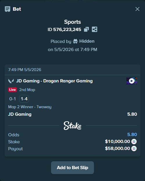 Bet slip: JD Gaming - Dragon Ranger Gaming, $8,690.06 stake at 5.80 odds, placed by Hidden