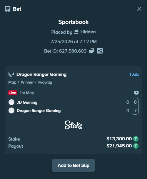 Bet slip: JD Gaming - Dragon Ranger Gaming, $13,313.30 stake at 1.65 odds, placed by Hidden