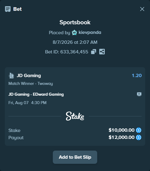 Bet slip: JD Gaming - EDward Gaming, $10,000.00 stake at 1.20 odds, placed by kievpanda