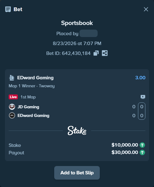 Bet slip: JD Gaming - EDward Gaming, $10,000.00 stake at 3.00 odds, placed by fantasy7788