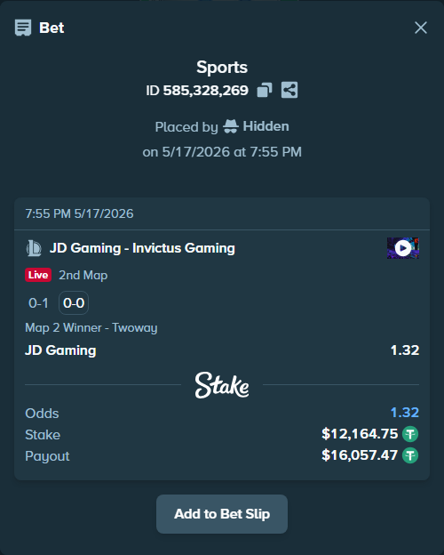 Bet slip: JD Gaming - Invictus Gaming, $12,164.75 stake at 1.32 odds, placed by Hidden