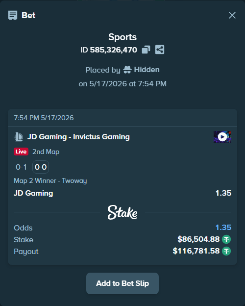 Bet slip: JD Gaming - Invictus Gaming, $86,504.88 stake at 1.35 odds, placed by Hidden