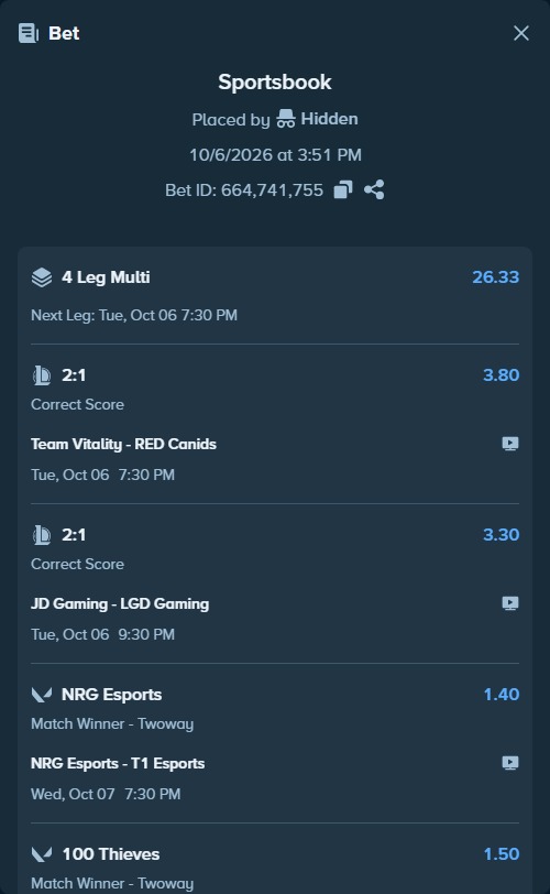 Bet slip: JD Gaming - LGD Gaming, $50,000.00 stake at 3.30 odds, placed by Hidden