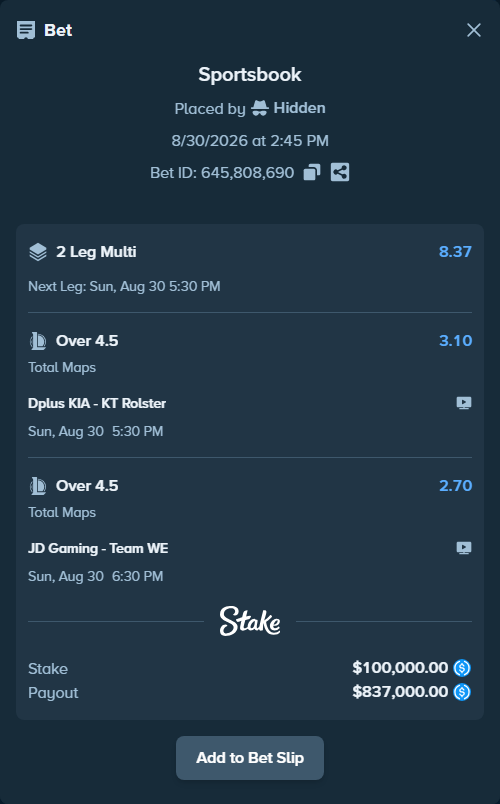 Bet slip: JD Gaming - Team WE, $100,000.00 stake at 2.70 odds, placed by Hidden