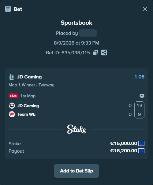 Bet slip: JD Gaming - Team WE, $16,200.00 stake at 1.08 odds, placed by 4alen4