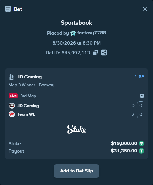Bet slip: JD Gaming - Team WE, $19,000.00 stake at 1.65 odds, placed by fantasy7788