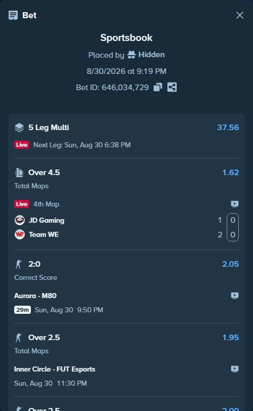 Bet slip: JD Gaming - Team WE, $25,000.00 stake at 1.62 odds, placed by Hidden