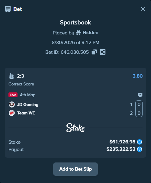 Bet slip: JD Gaming - Team WE, $61,926.98 stake at 3.80 odds, placed by Hidden