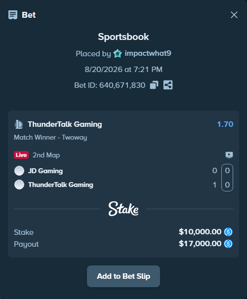 Bet slip: JD Gaming - ThunderTalk Gaming, $10,000.00 stake at 1.70 odds, placed by impactwhat9