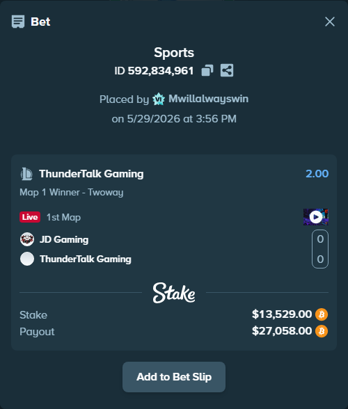 Bet slip: JD Gaming - ThunderTalk Gaming, $11,818.95 stake at 2.00 odds, placed by Mwillalwayswin