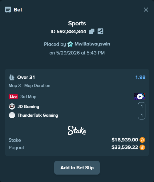 Bet slip: JD Gaming - ThunderTalk Gaming, $14,863.32 stake at 1.98 odds, placed by Mwillalwayswin