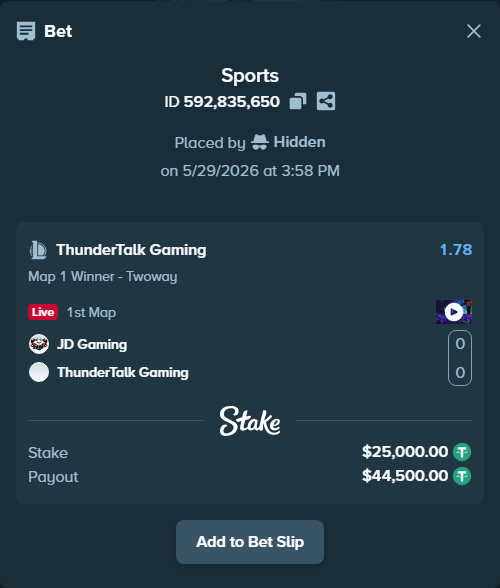 Bet slip: JD Gaming - ThunderTalk Gaming, $25,025.00 stake at 1.78 odds, placed by Hidden