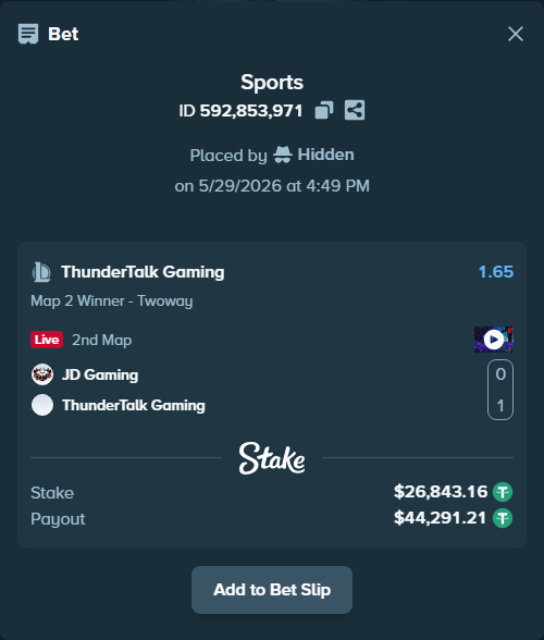 Bet slip: JD Gaming - ThunderTalk Gaming, $26,870.00 stake at 1.65 odds, placed by Hidden
