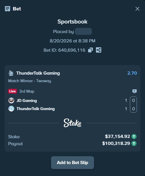 Bet slip: JD Gaming - ThunderTalk Gaming, $37,192.08 stake at 2.70 odds, placed by GoldenKot