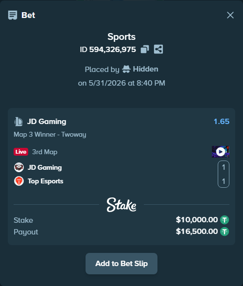 Bet slip: JD Gaming - Top Esports, $10,010.00 stake at 1.65 odds, placed by Hidden