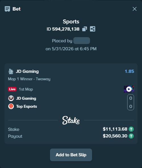Bet slip: JD Gaming - Top Esports, $11,124.79 stake at 1.85 odds, placed by stw888