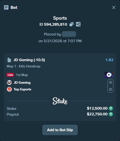 Bet slip: JD Gaming - Top Esports, $12,512.50 stake at 1.82 odds, placed by Mwillalwayswin
