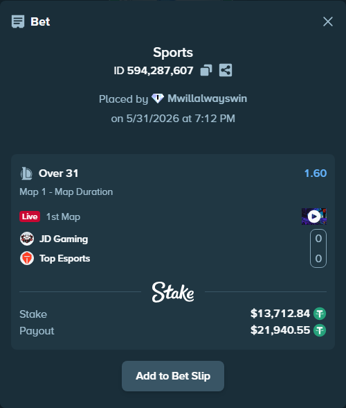 Bet slip: JD Gaming - Top Esports, $13,726.56 stake at 1.60 odds, placed by Mwillalwayswin