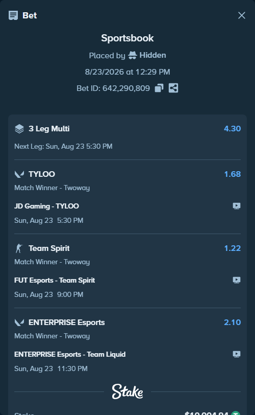 Bet slip: JD Gaming - TYLOO, $10,003.94 stake at 1.68 odds, placed by Hidden