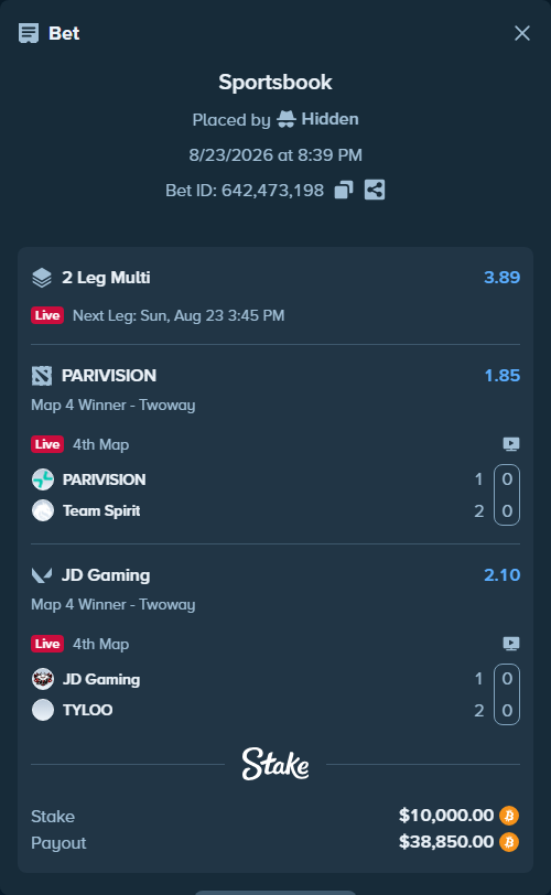 Bet slip: JD Gaming - TYLOO, $10,031.00 stake at 2.10 odds, placed by Hidden