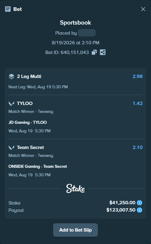 Bet slip: JD Gaming - TYLOO, $41,250.00 stake at 1.42 odds, placed by Cabrzy