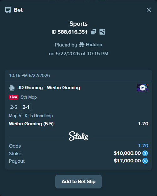 Bet slip: JD Gaming - Weibo  Gaming, $10,000.00 stake at 1.70 odds, placed by Hidden