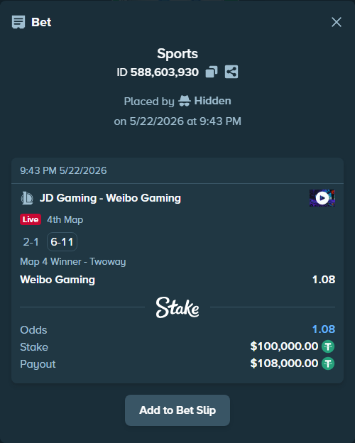 Bet slip: JD Gaming - Weibo  Gaming, $100,100.00 stake at 1.08 odds, placed by Hidden