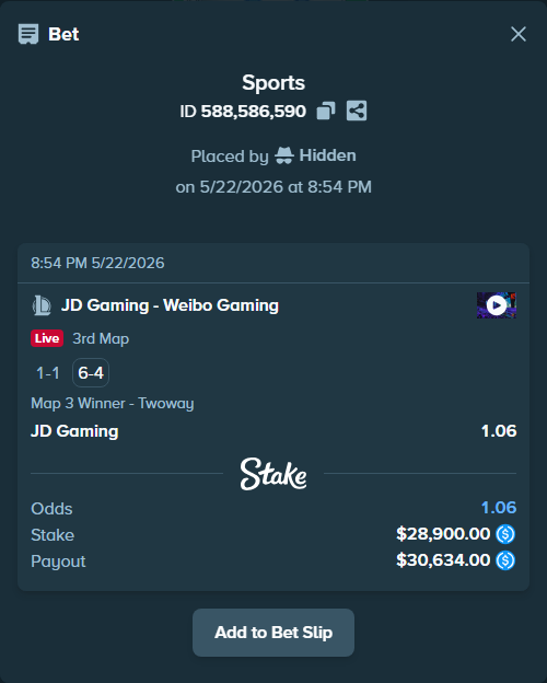 Bet slip: JD Gaming - Weibo  Gaming, $28,900.00 stake at 1.06 odds, placed by Hidden
