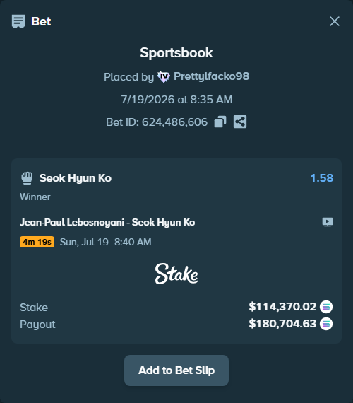Bet slip: Jean-Paul Lebosnoyani - Seok Hyun Ko, $110,207.43 stake at 1.58 odds, placed by Prettylfacko98