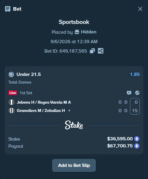 Bet slip: Jebens H / Reyes-Varela M A - Granollers M / Zeballos H, $37,014.93 stake at 1.85 odds, placed by Hidden