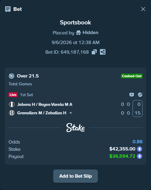 Bet slip: Jebens H / Reyes-Varela M A - Granollers M / Zeballos H, $42,363.01 stake at 1.85 odds, placed by Hidden