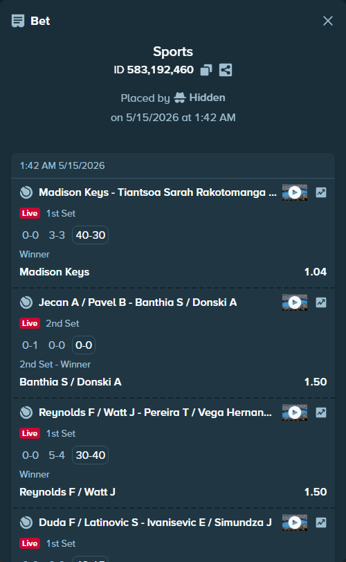 Bet slip: Jecan A / Pavel B - Banthia S / Donski A, $20,000.00 stake at 1.50 odds, placed by Hidden